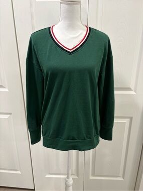 Forest Green V-Neck Womens Sweater with Stripe Trim
